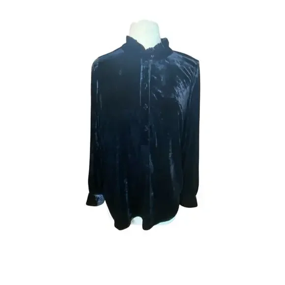 Talbots Black Velvet Long-Sleeve Blouse Ruffled Mandarin Collar Sz L Holiday - Picture 2 of 16